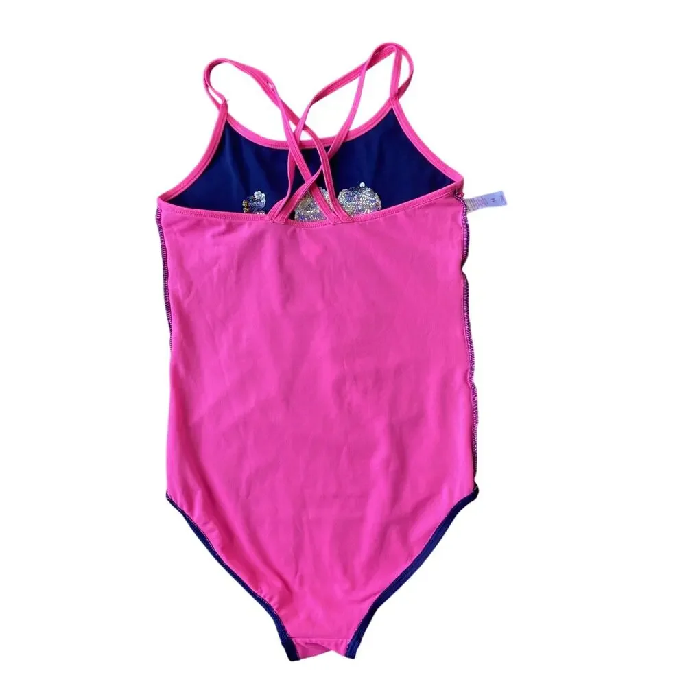 Justice One Piece Swimsuit Sz 14 Blue Pink Lining LOVE Sequin Flip Modest